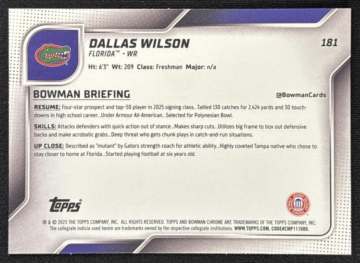 Dallas Wilson 2025 Bowman Chrome University Prospects Yellow Mini-Diamond Refractor /350 Gators