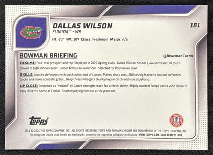 Dallas Wilson 2025 Bowman Chrome University Prospects Yellow Mini-Diamond Refractor /350 Gators