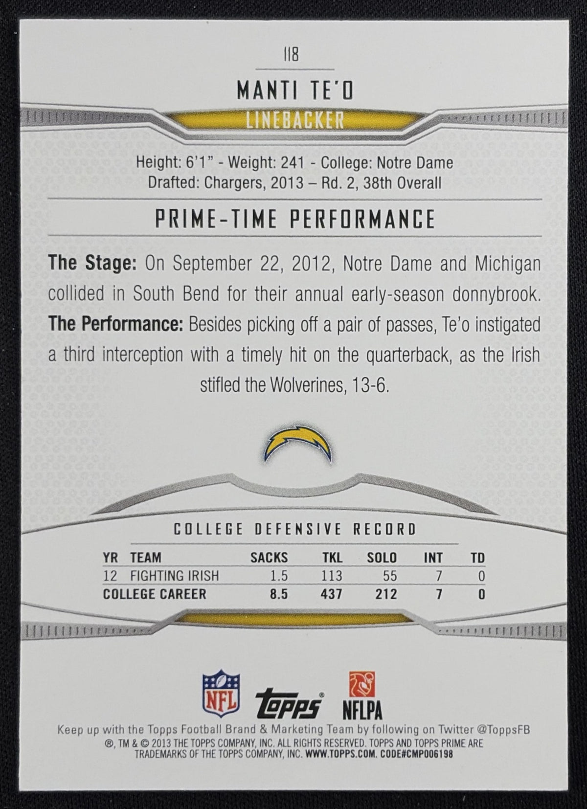 Manti Te o 2013 Topps Prime Copper /350 Chargers