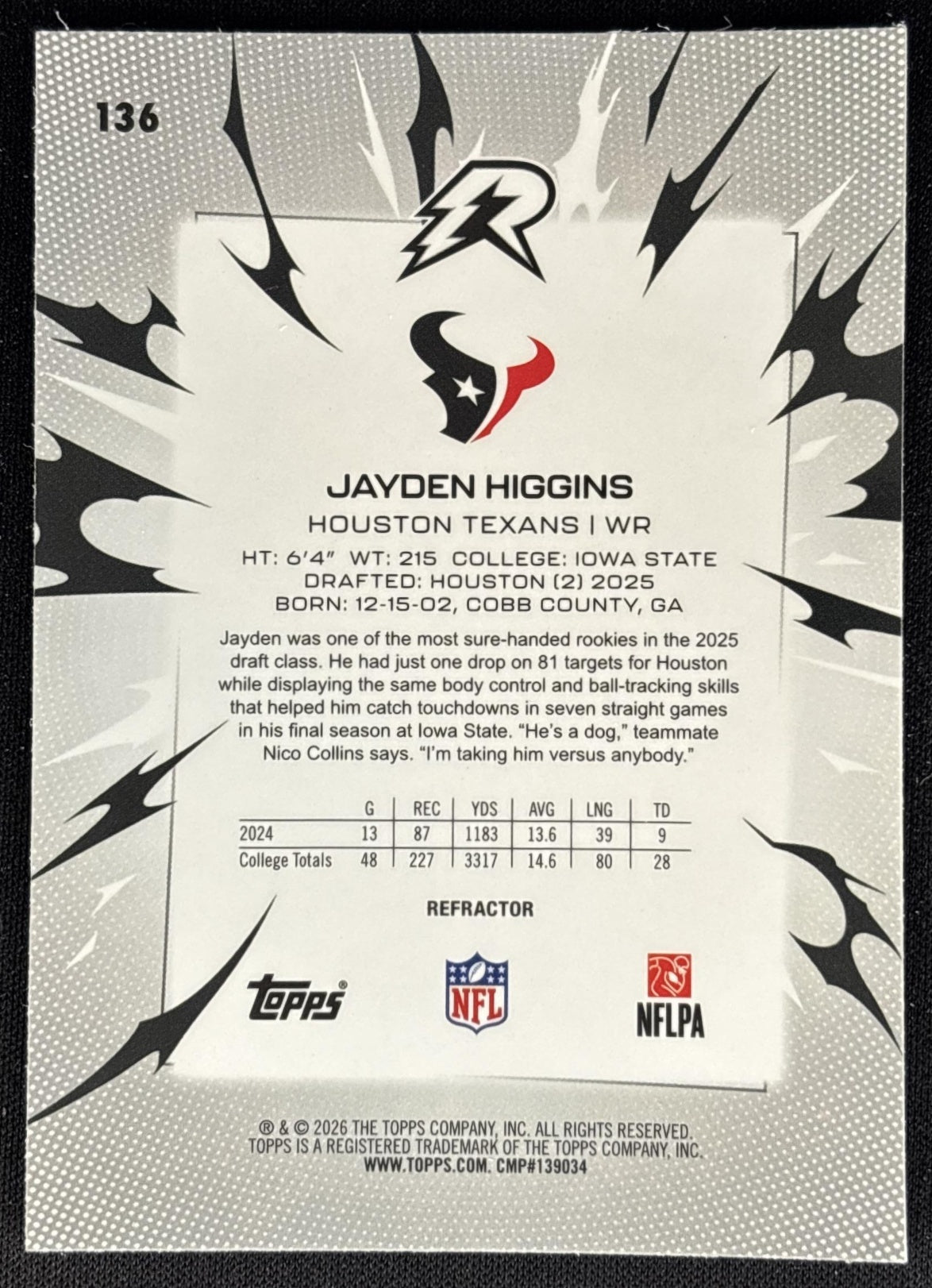Jayden Higgins 2025 Topps Resurgence Refractor Texans back