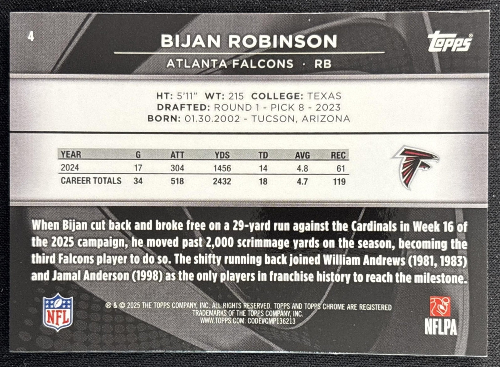 Bijan Robinson 2025 Topps Chrome Black Falcons back