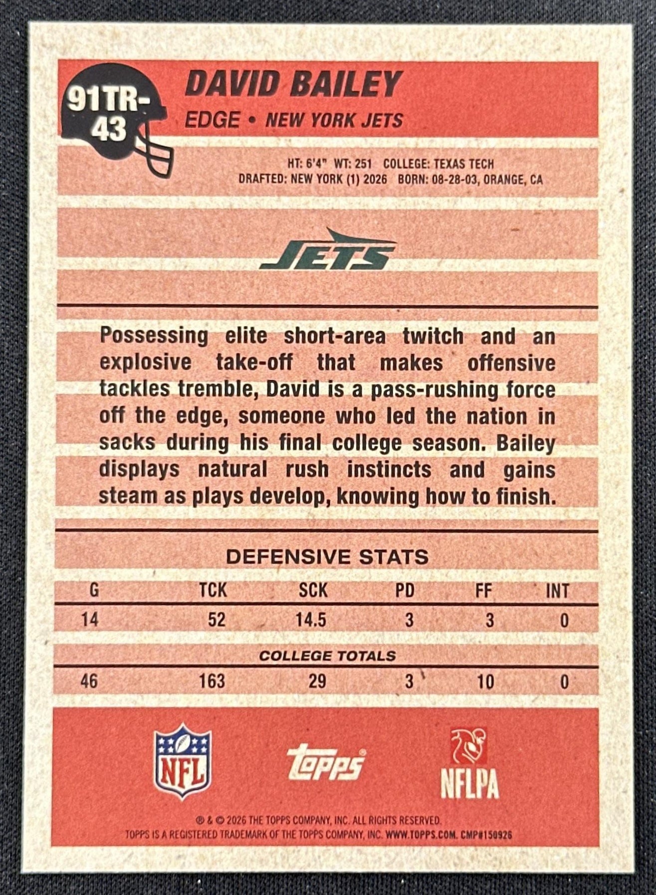 David Bailey 2026 Topps Flagship 1991 Rookie Jets