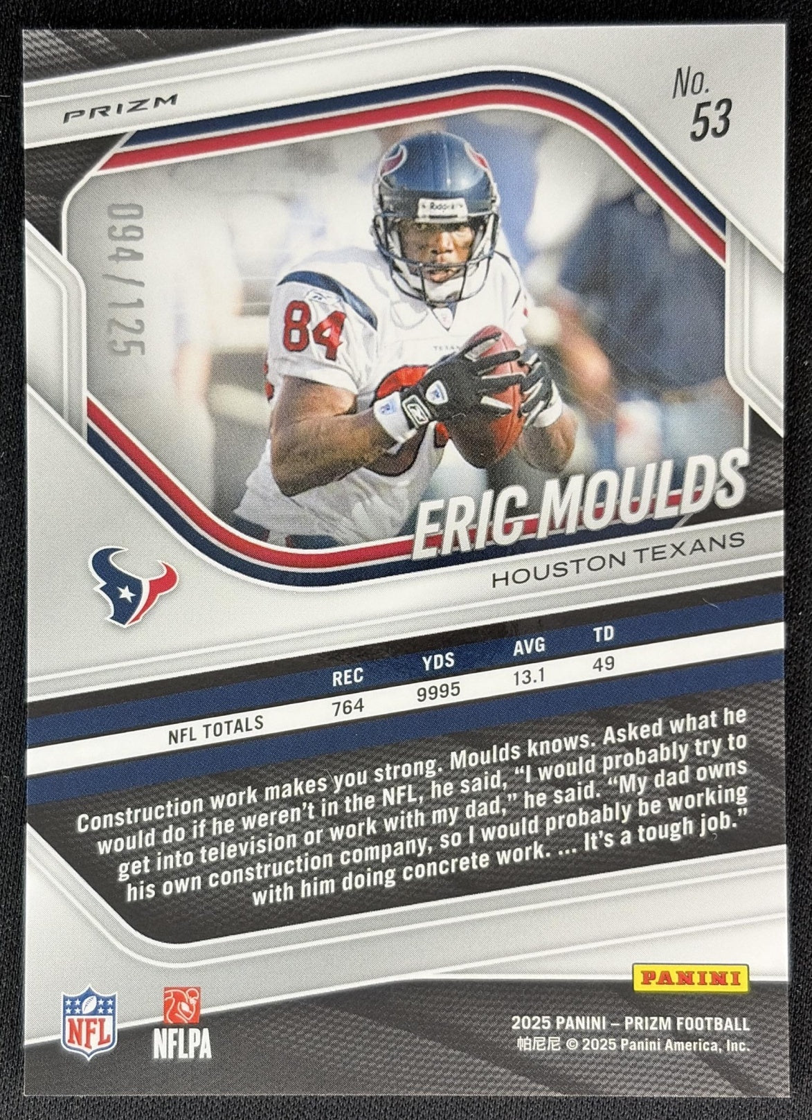 Eric Moulds 2025 Panini Prizm Purple /125 Texans back