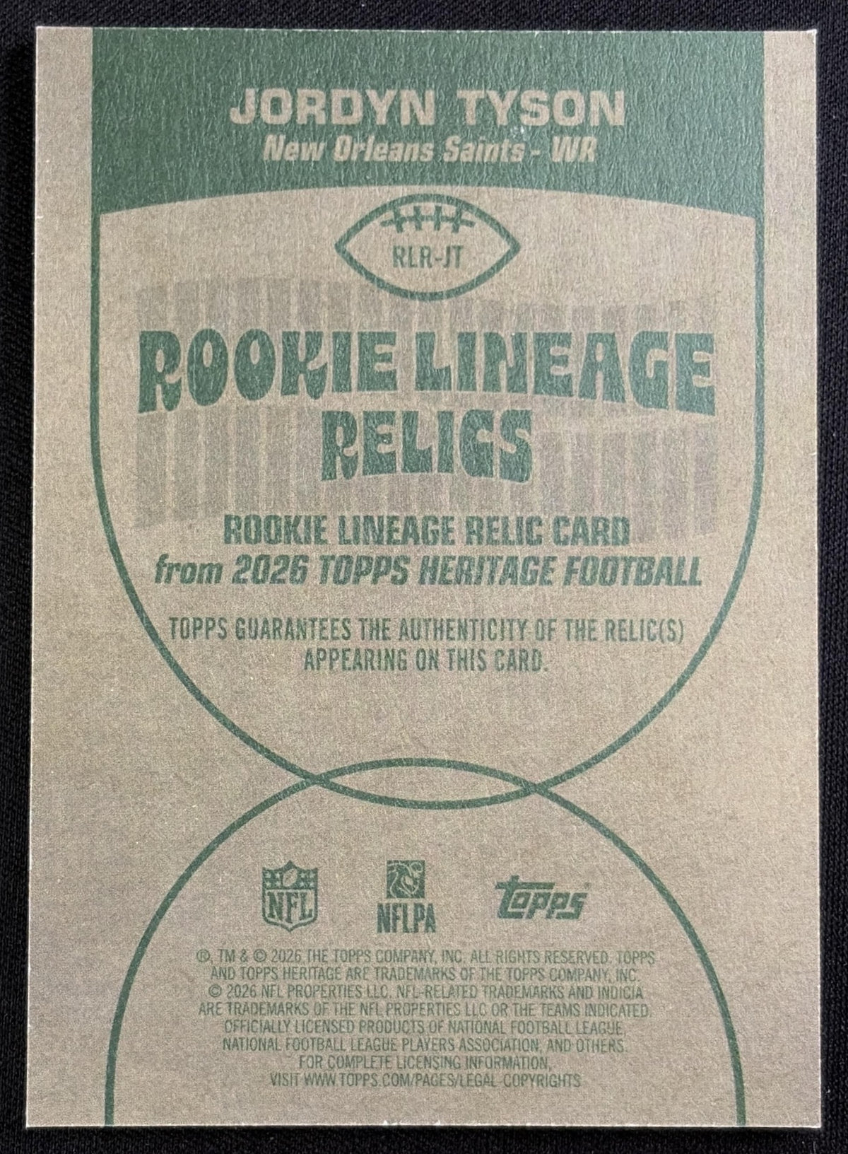 Jordyn Tyson 2026 Topps Heritage Rookie Lineage Relic Saints Sports Trading Card