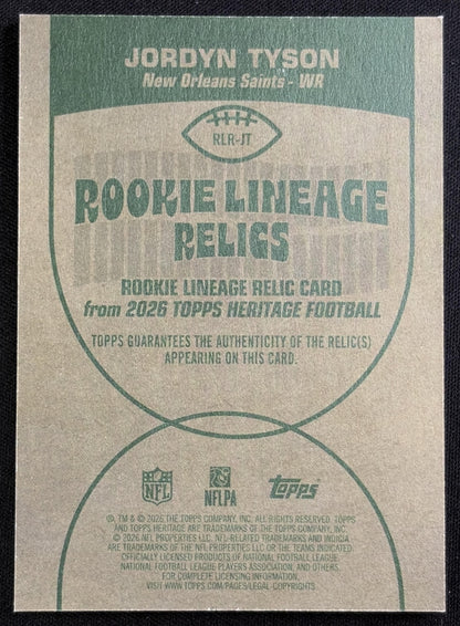 Jordyn Tyson 2026 Topps Heritage Rookie Lineage Relic Saints Sports Trading Card