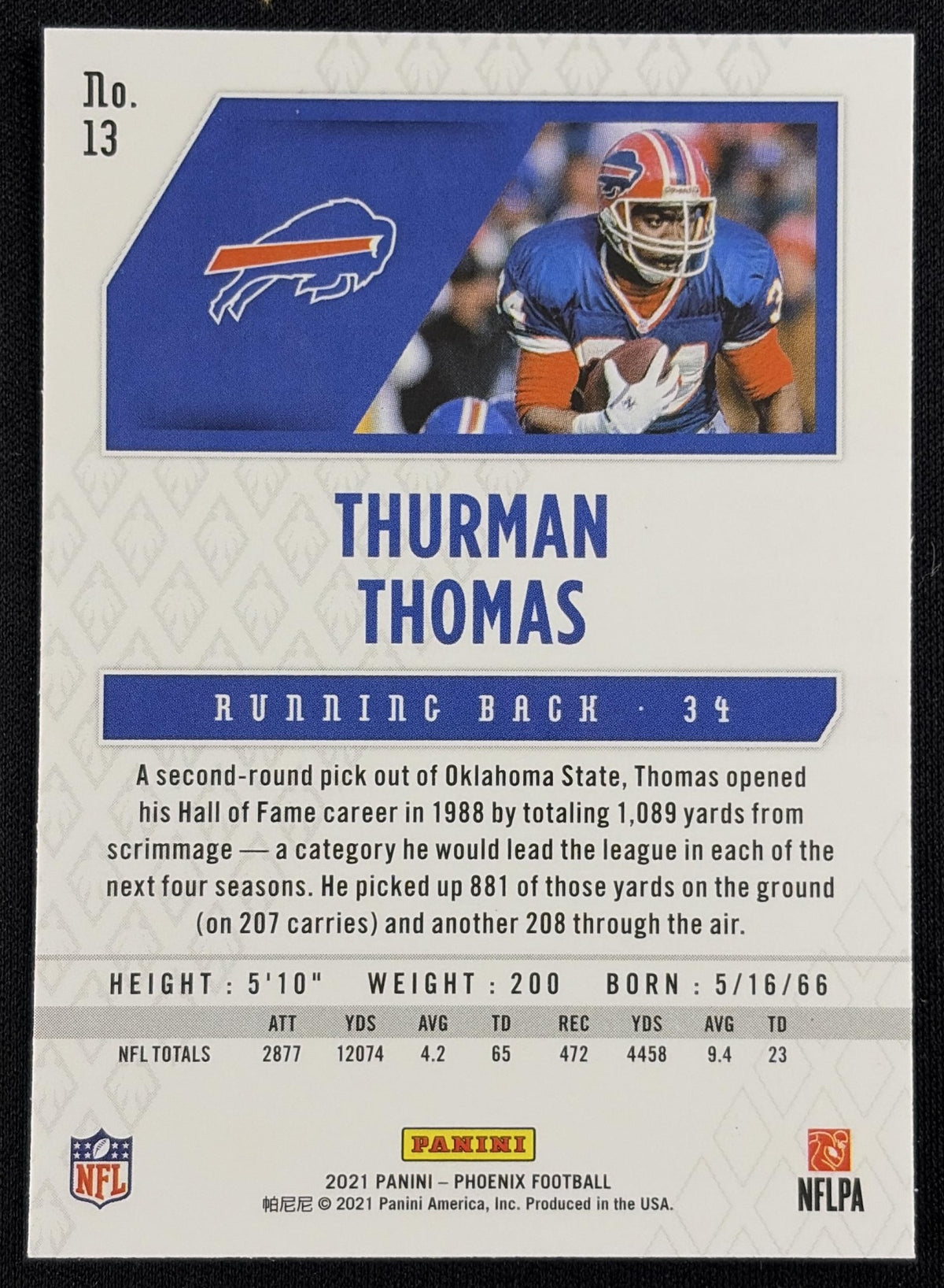 Back of Thurman Thomas 2021 Panini Phoenix Color Burst Bills sports trading card