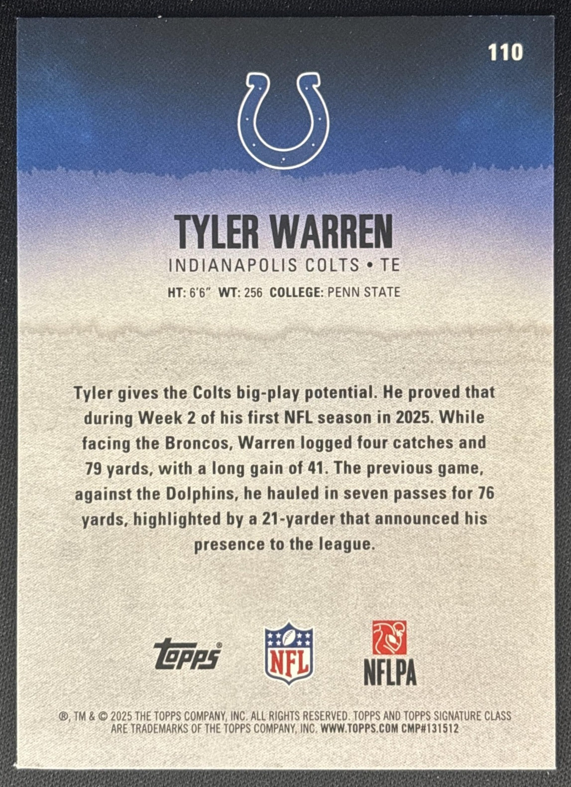 Tyler Warren 2025 Topps Signature Class Rookie Green & Purple Foil Colts back