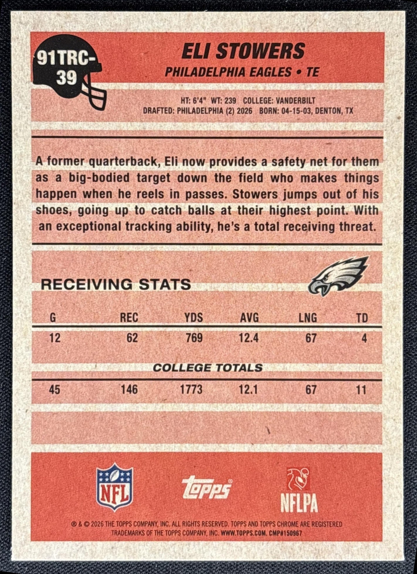 Eli Stowers 2026 Topps 1991 Chrome Rookie Mojo Refractor Eagles