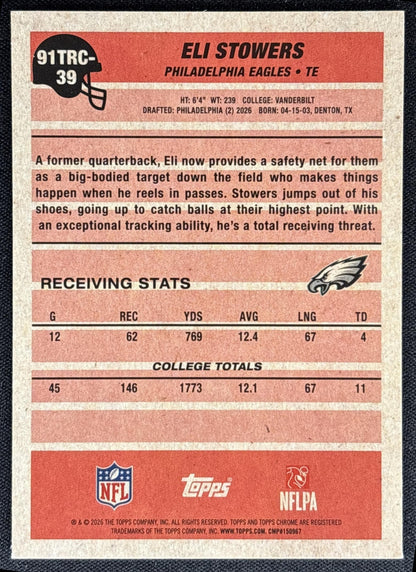 Eli Stowers 2026 Topps 1991 Chrome Rookie Mojo Refractor Eagles