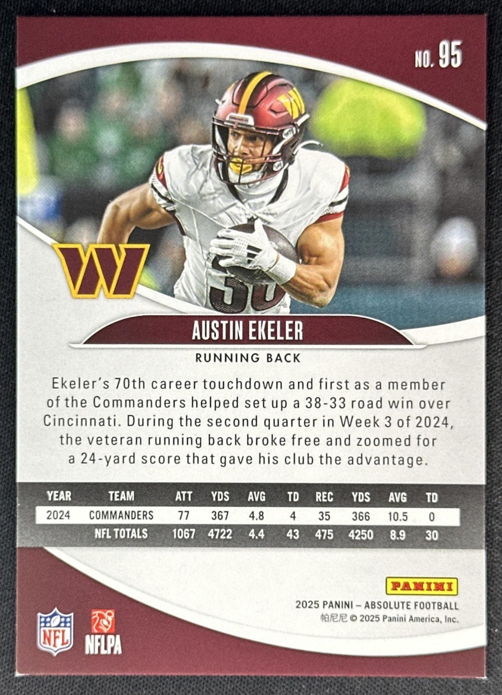 Austin Ekeler 2025 Panini Absolute Blue Diamonds /425 Commanders Sports Trading Cards