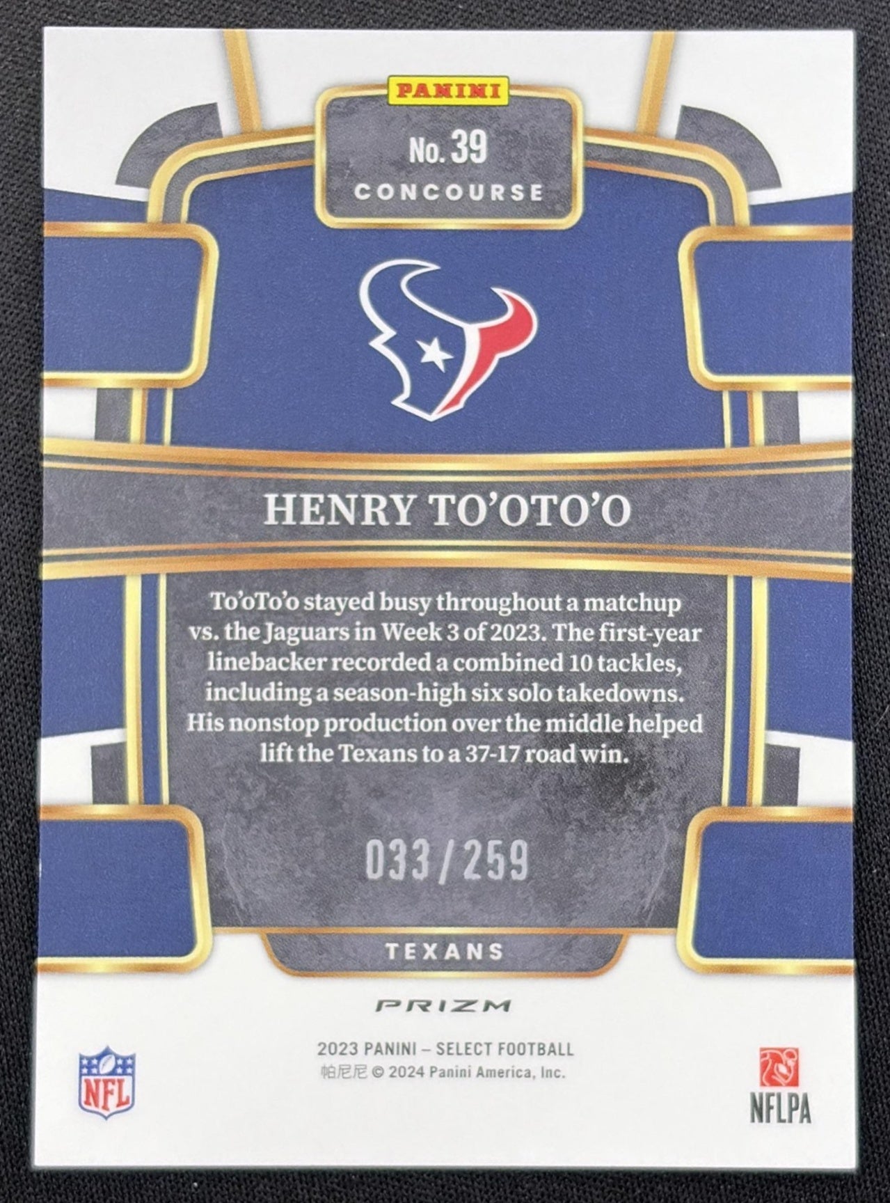 Henry To'oTo'o 2023 Panini Select Tri Color Prizms /259 Texans