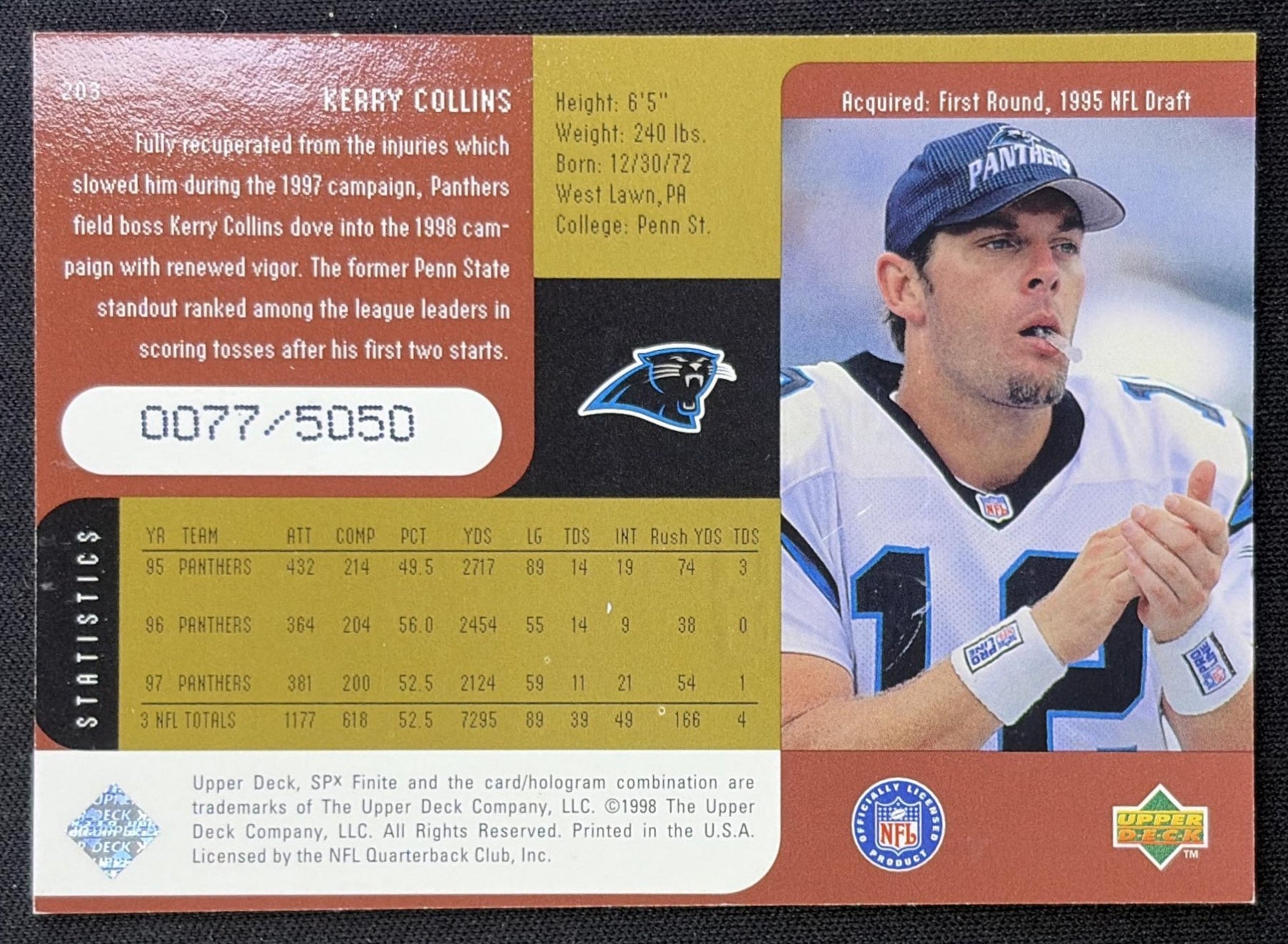 Kerry Collins 1998 SPx Finite Radiance /5050 Panthers