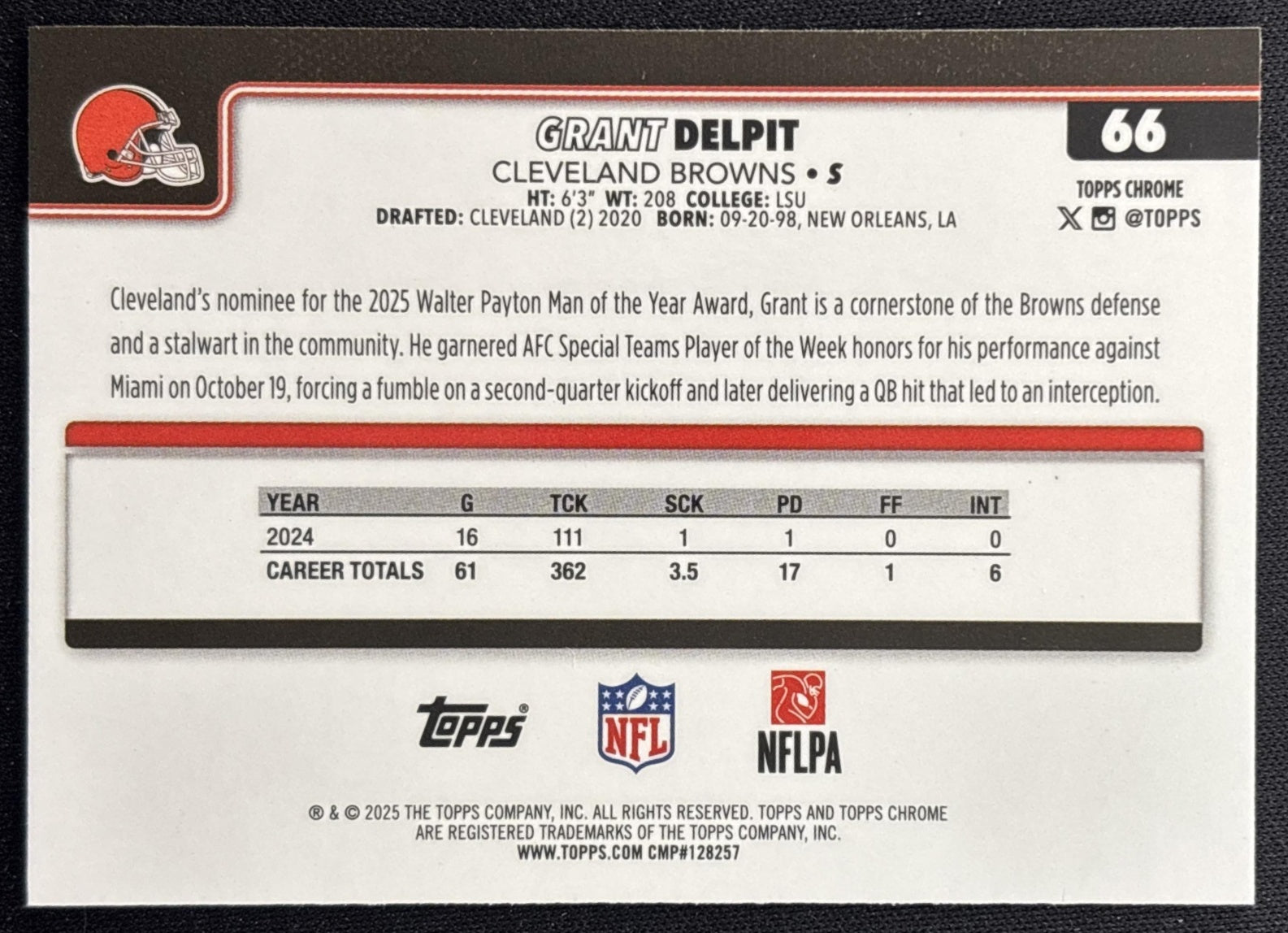 Grant Delpit 2025 Topps Chrome Pink Wave Refractor /250 Browns back