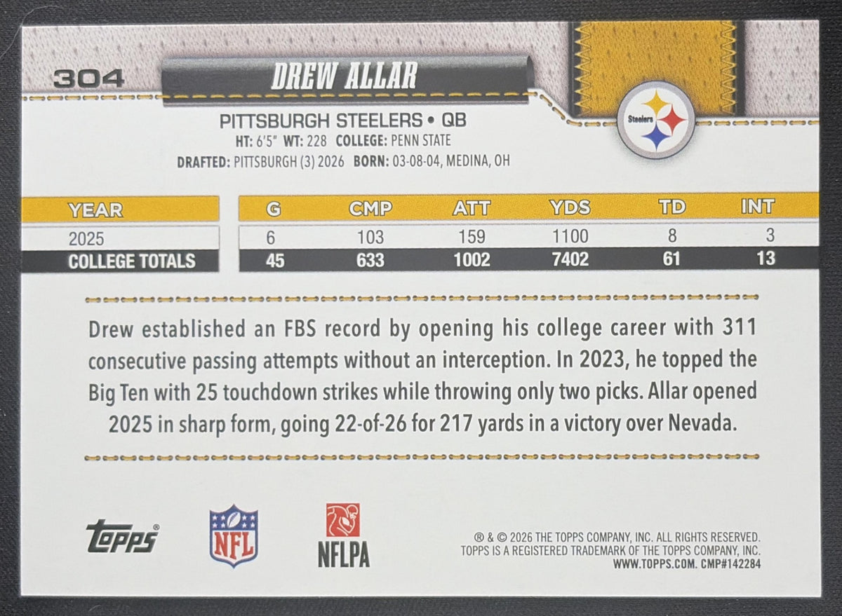 Drew Allar 2026 Topps Fanatics Foil Steelers Sports Trading Card