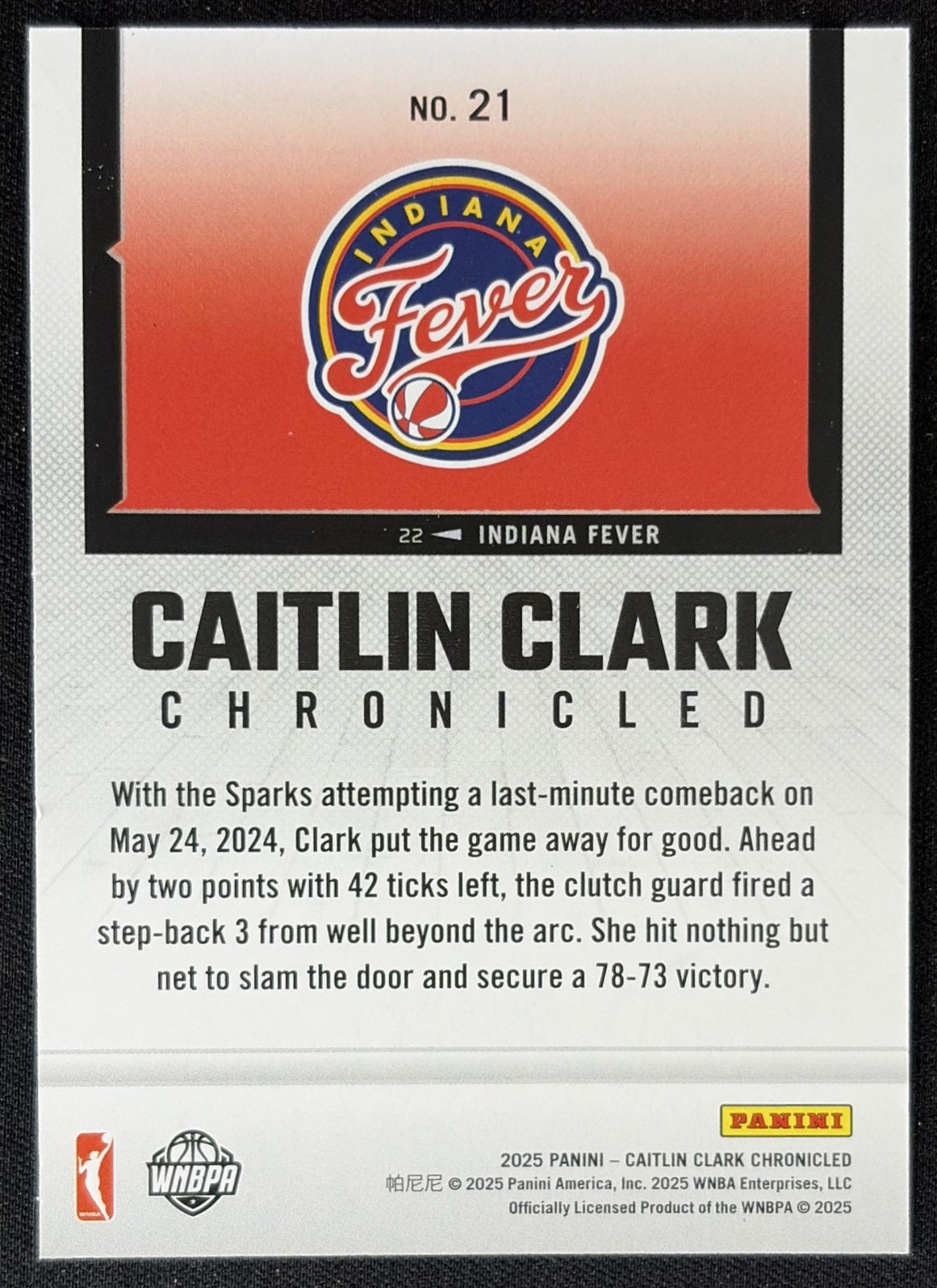 Caitlin Clark 2025 Panini Chronicled WNBA Holo Fever 21