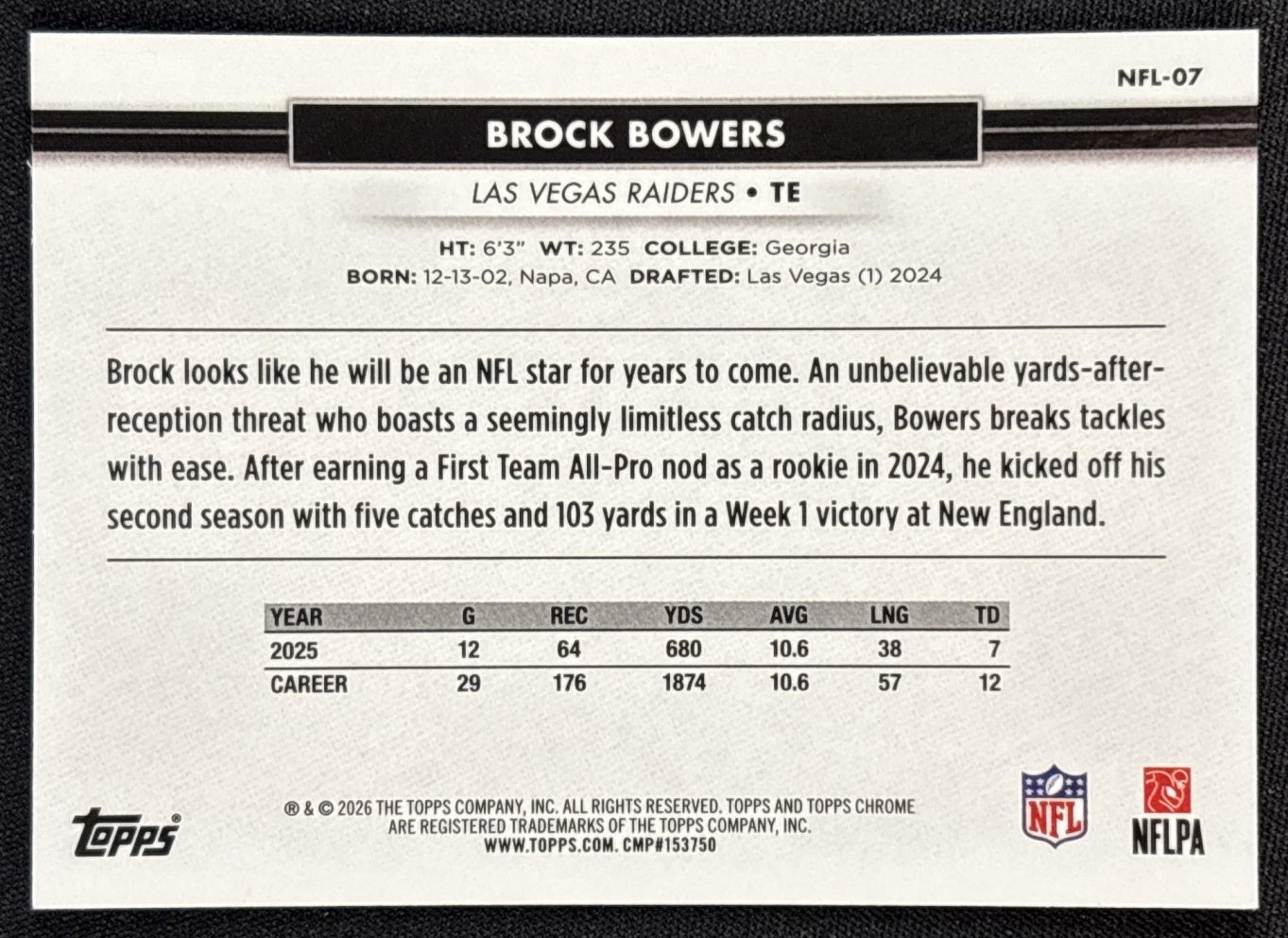 Brock Bowers 2026 Topps NSCC Collection NFL Raiders Sports Trading Cards