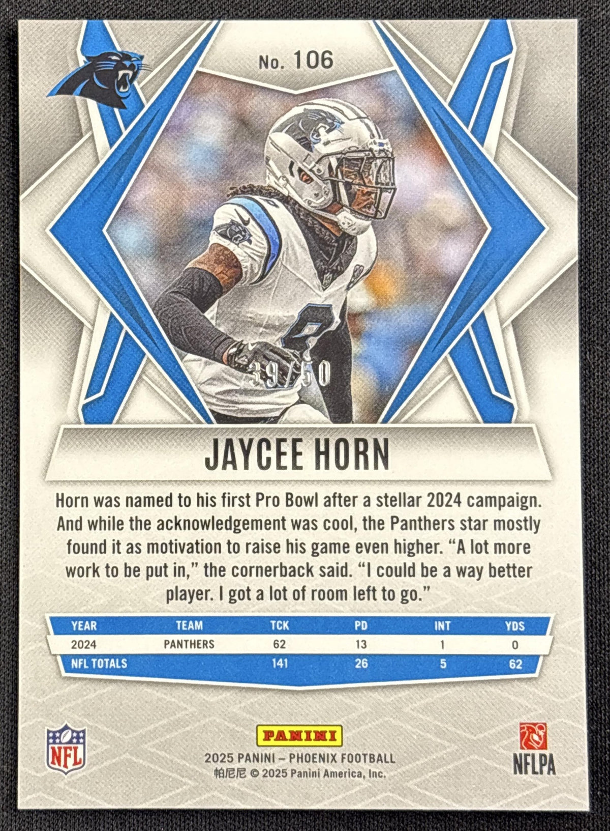 Jaycee Horn 2025 Panini Phoenix Teal Mojo Prizm /50 Panthers