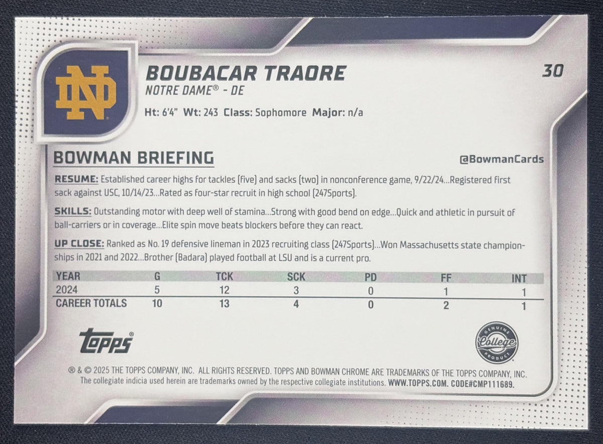 Boubacar Traore 2025 Bowman Chrome University Prospects Blue Refractor /150 Fighting Irish