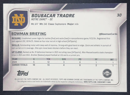 Boubacar Traore 2025 Bowman Chrome University Prospects Blue Refractor /150 Fighting Irish