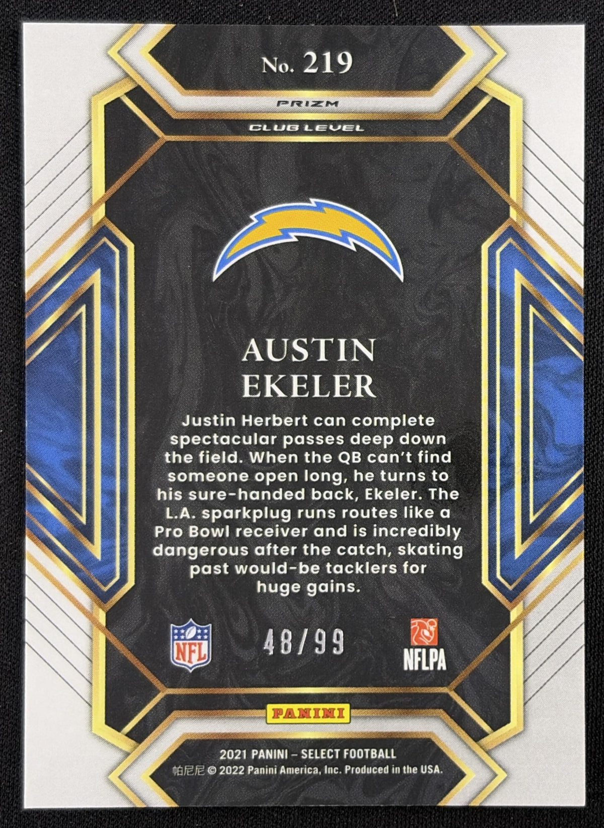 Austin Ekeler 2021 Panini Select Blue Prizm /99 Chargers
