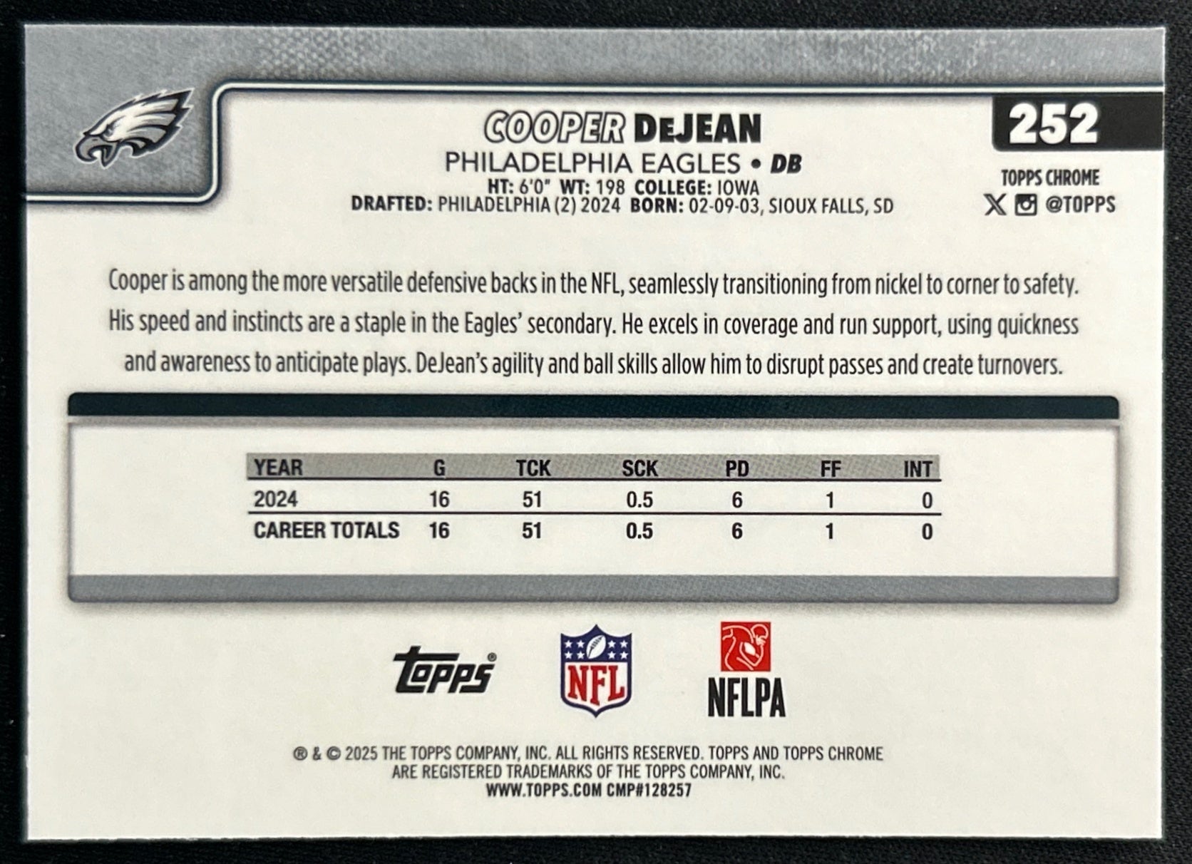 Cooper DeJean 2025 Topps Chrome Eagles Sports Trading Cards
