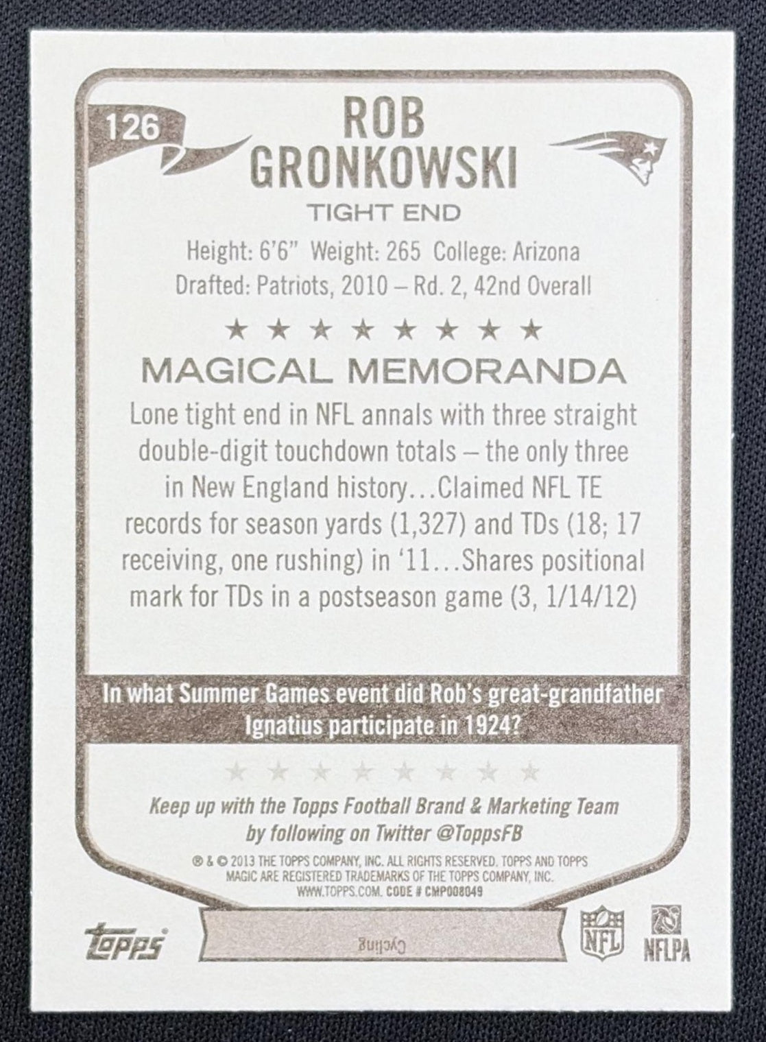 Rob Gronkowski 2013 Topps Magic Patriots New England Patriots