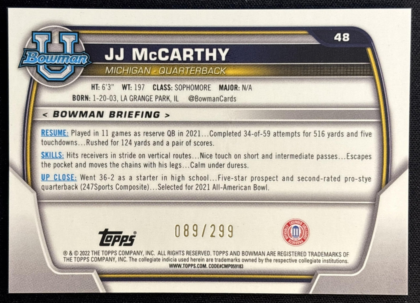 JJ McCarthy 2022 Bowman University Chrome Aqua Refractor /299 Wolverines back