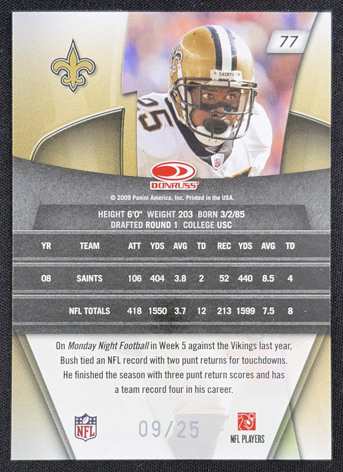 Reggie Bush 2009 Panini Donruss Gridiron Gear Platinum X's /25 New Orleans Saints