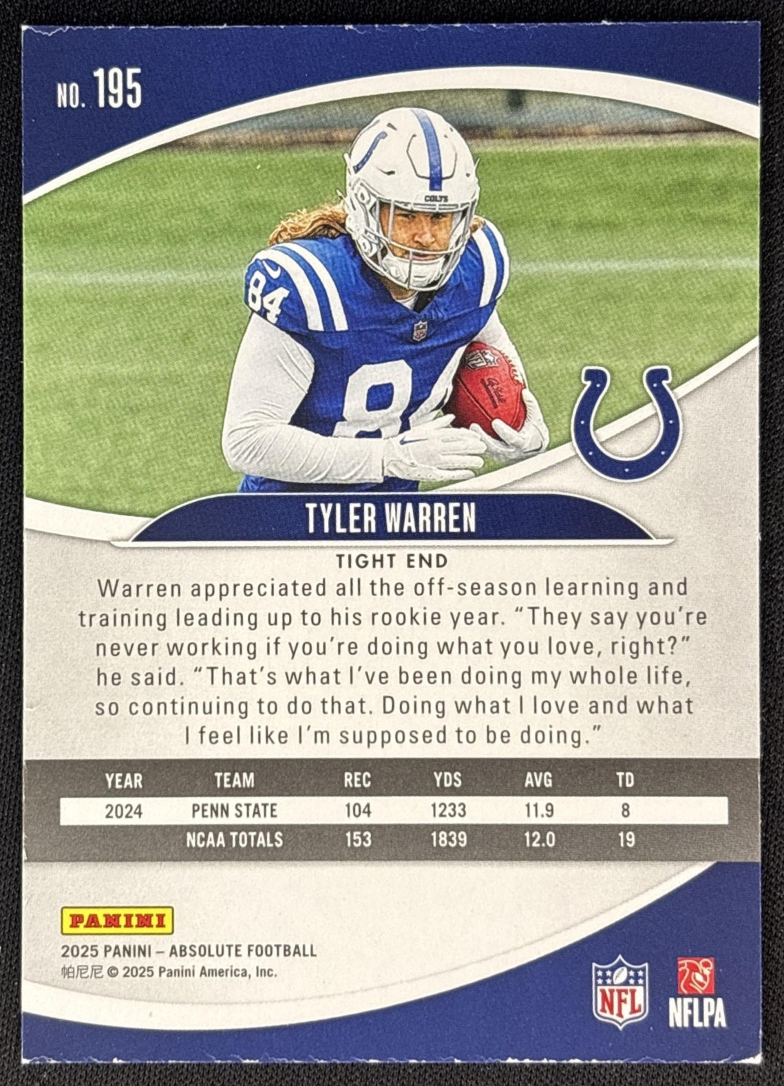 Tyler Warren 2025 Panini Absolute Rookies Green Colts back
