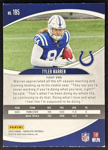 Tyler Warren 2025 Panini Absolute Rookies Green Colts back