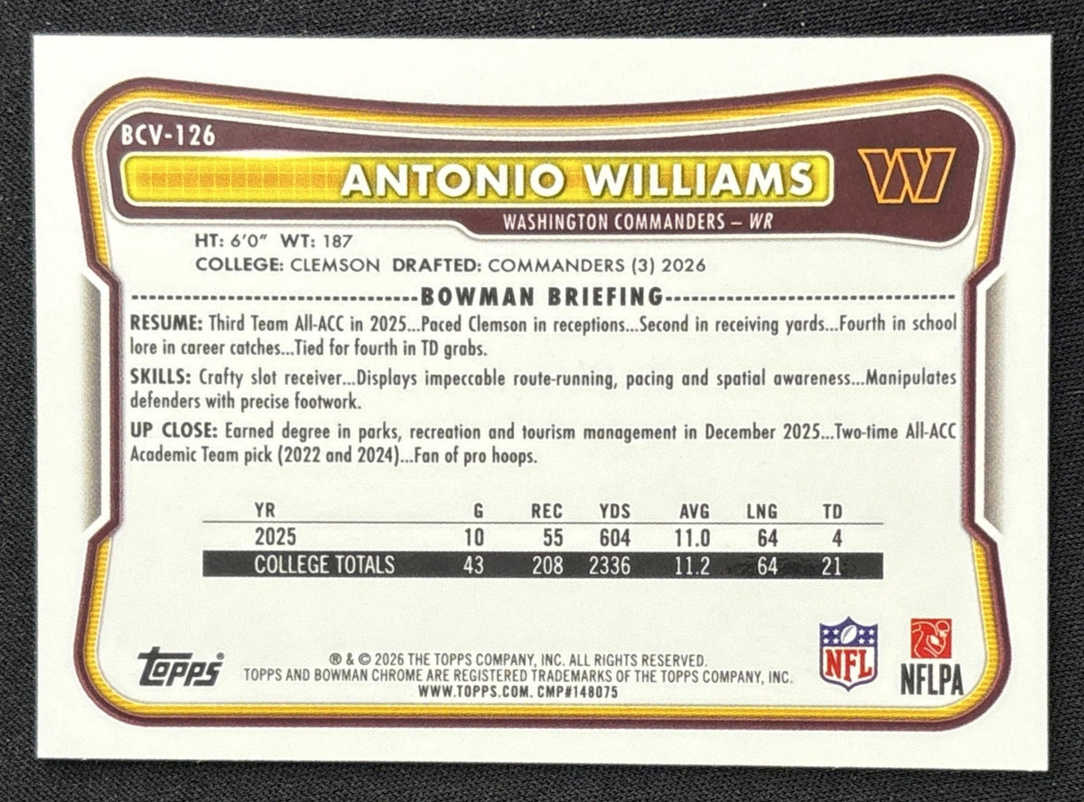 Antonio Williams 2026 Bowman Chrome NFL Speckle Refractor Commanders Sports Trading Card
