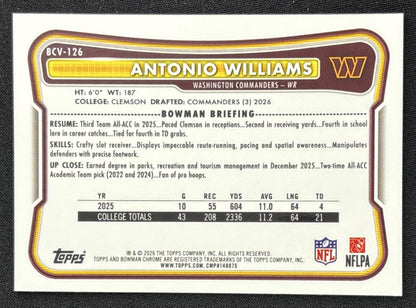 Antonio Williams 2026 Bowman Chrome NFL Speckle Refractor Commanders Sports Trading Card