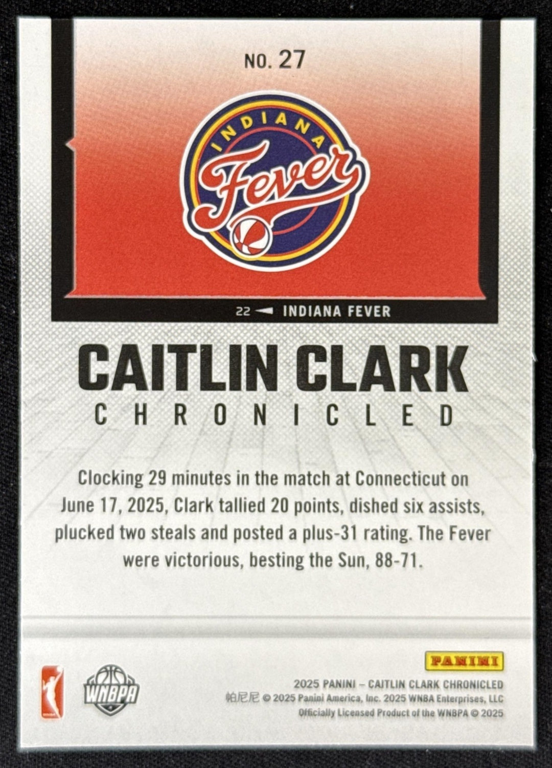 Caitlin Clark 2025 Panini Chronicled WNBA Fever 27 Sports Trading Card