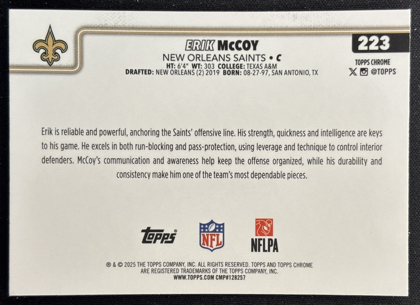 Erik McCoy 2025 Topps Chrome Red/White/Blue Refractor Saints Sports Trading Cards