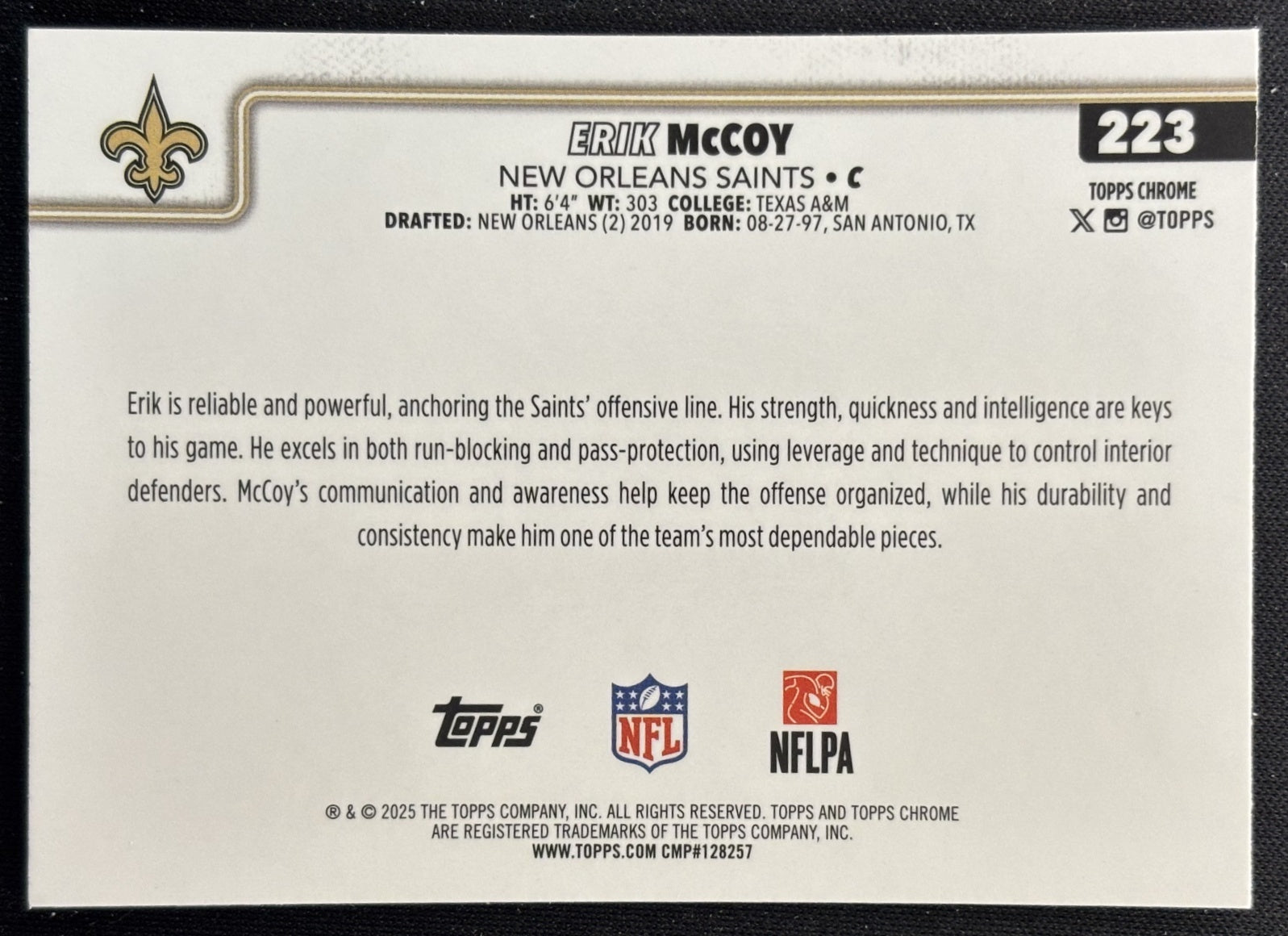 Erik McCoy 2025 Topps Chrome Red/White/Blue Refractor Saints Sports Trading Cards
