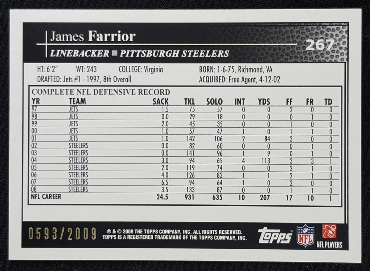 James Farrior 2009 Topps Gold /2009 Steelers - Back