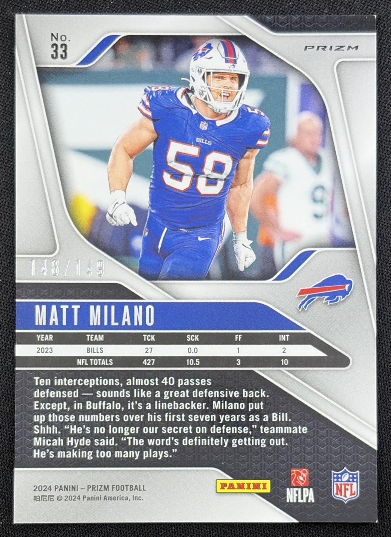 Matt Milano 2024 Panini Prizm Red Wave /149 Bills back