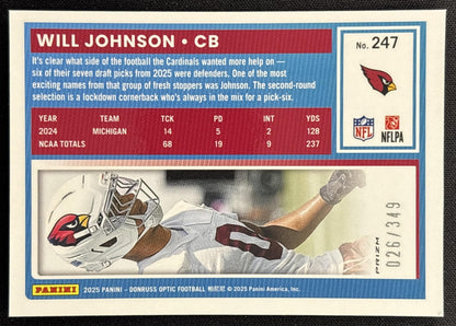Will Johnson 2025 Panini Donruss Optic Rated Rookie Aqua Prizm /349 Cardinals Sports Trading Cards