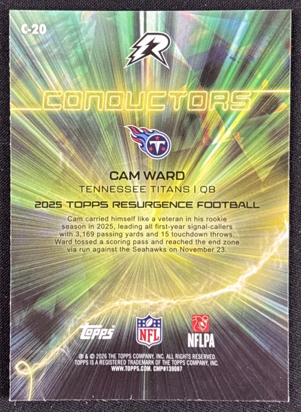 Cam Ward 2025 Topps Resurgence Conductors Teal Surge Refractor /149 Titans