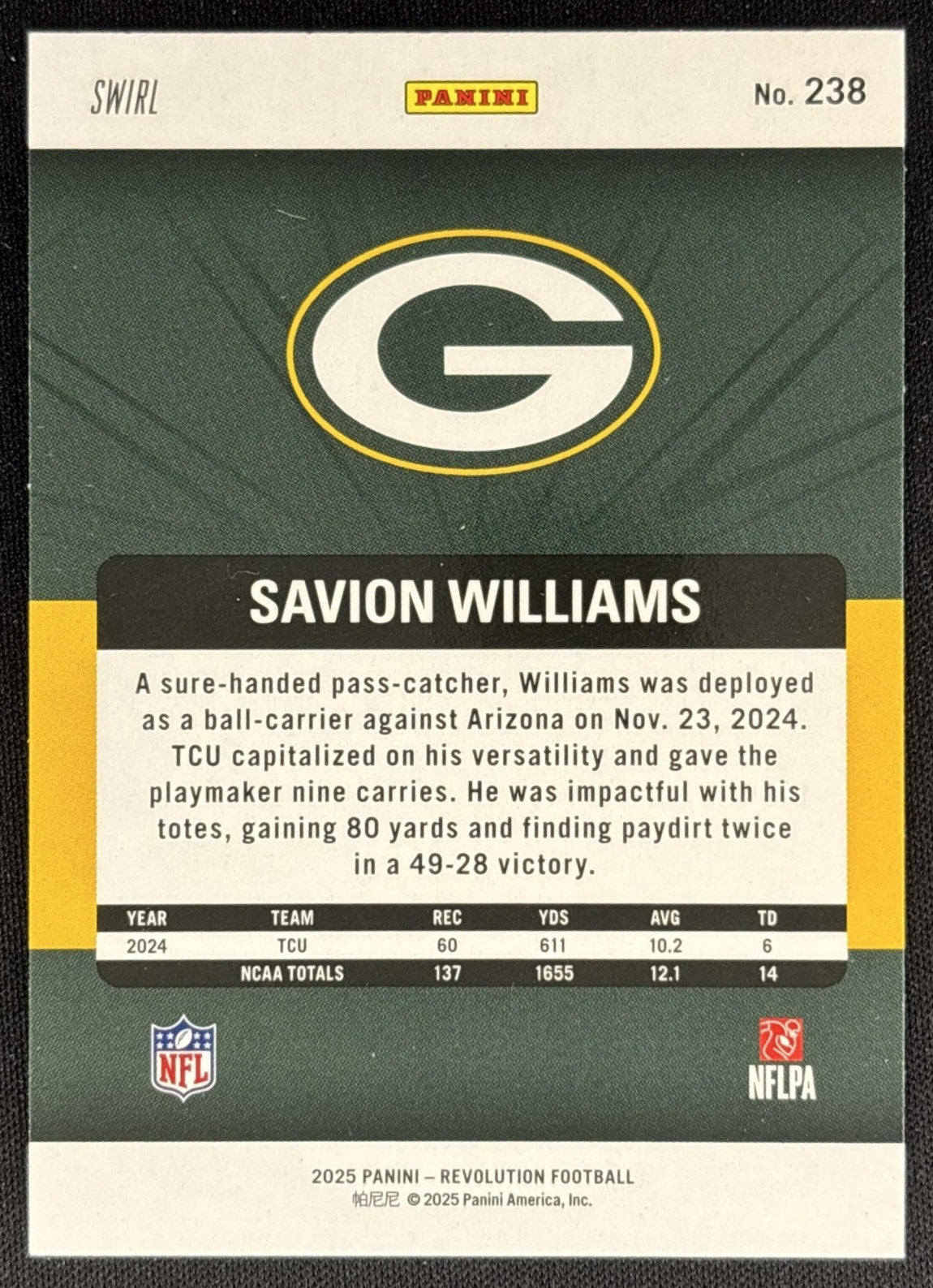 Savion Williams 2025 Panini Revolution Rookies Packers Sports Trading Cards