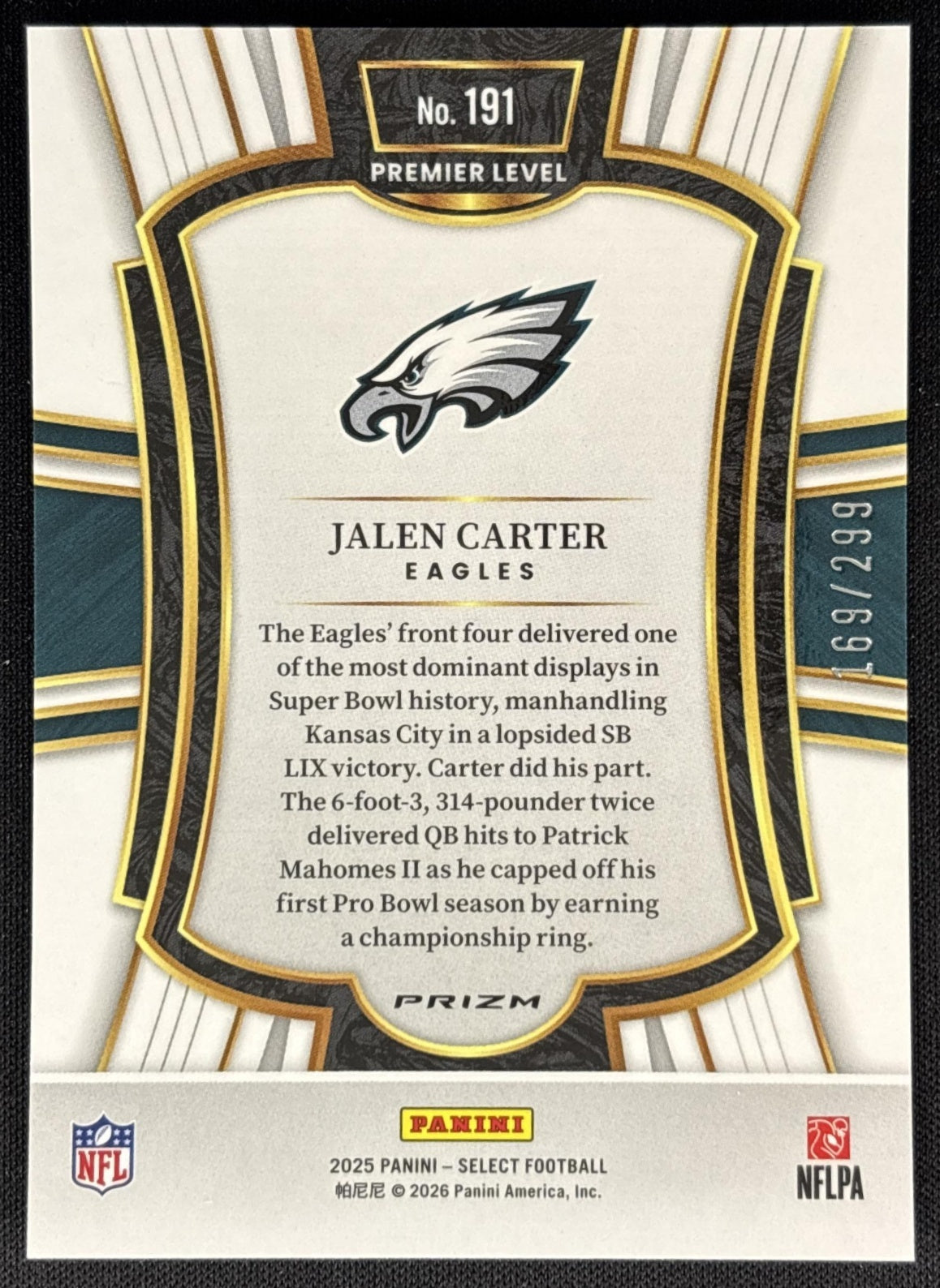 Jalen Carter 2025 Panini Select Premier Level Tri-Color Prizm /299 Eagles Sports Trading Cards