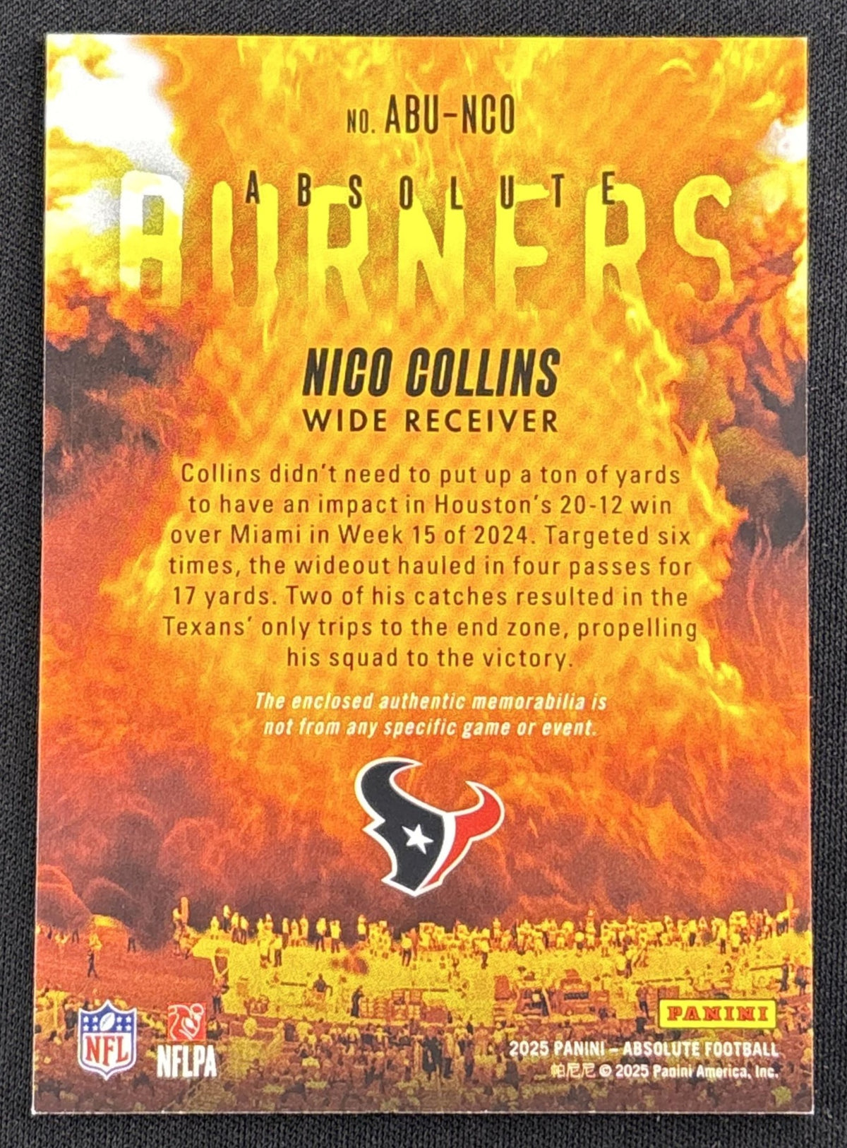 Nico Collins 2025 Panini Absolute Burners Texans Sports Trading Card