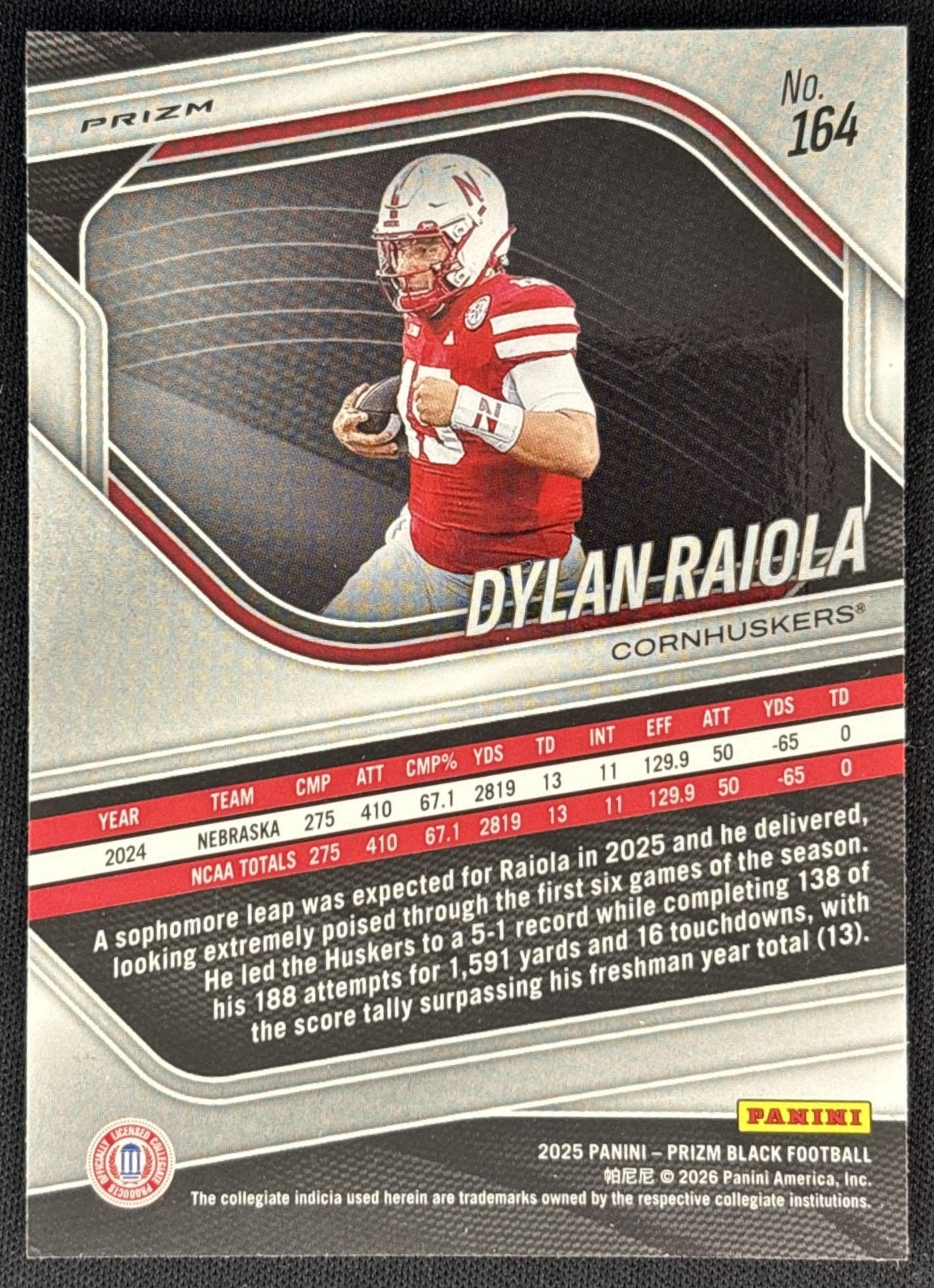 Dylan Raiola 2025 Panini Prizm Black Prospects Silver Cornhuskers back