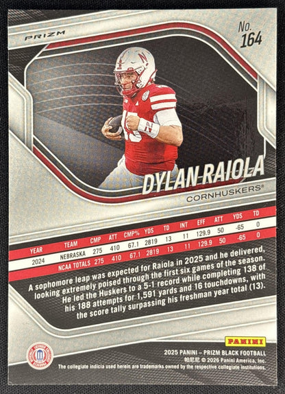 Dylan Raiola 2025 Panini Prizm Black Prospects Silver Cornhuskers back
