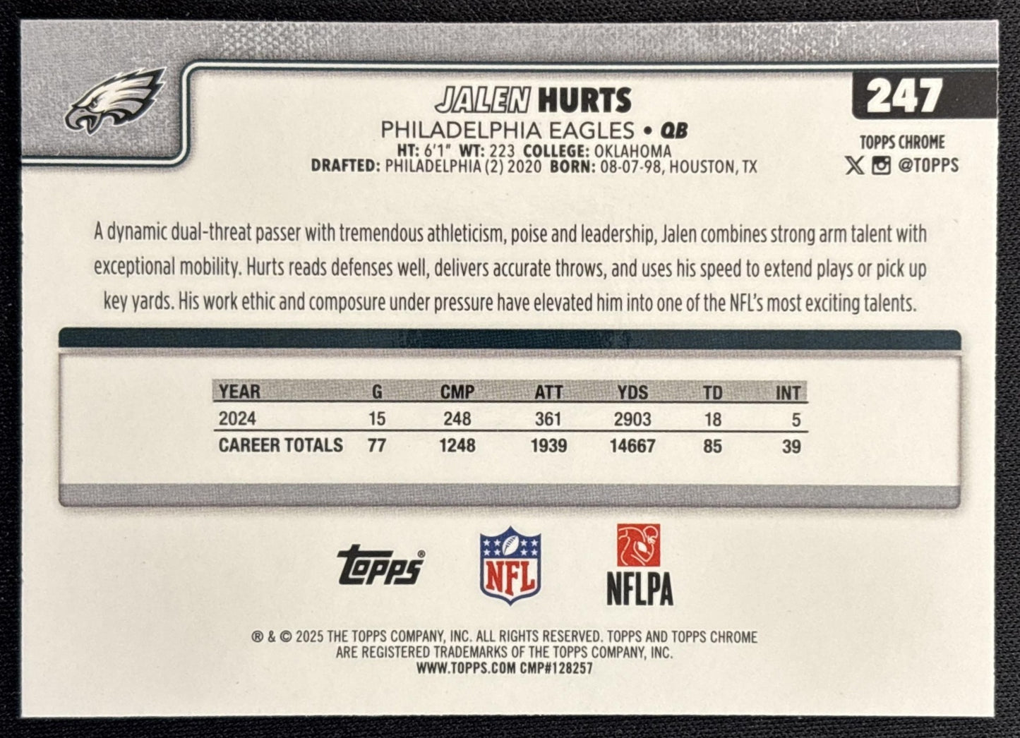 Jalen Hurts 2025 Topps Chrome Teal Refractor /299 Eagles back
