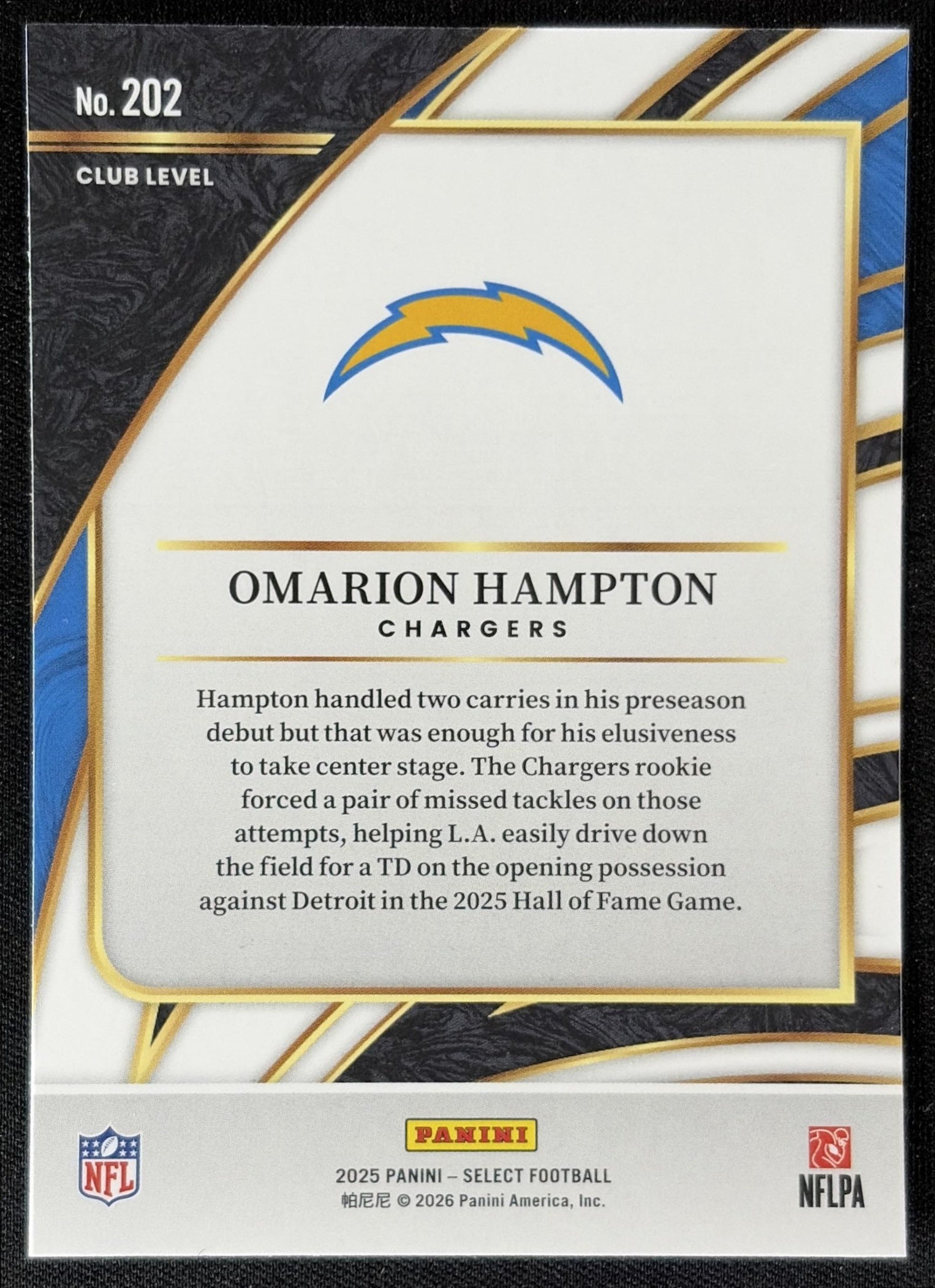 Omarion Hampton 2025 Panini Select Club Level Chargers