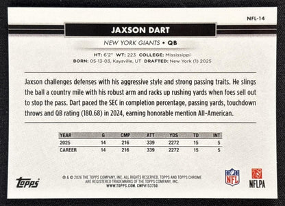 Jaxson Dart 2026 Topps NSCC Collection NFL Giants Sports Trading Cards