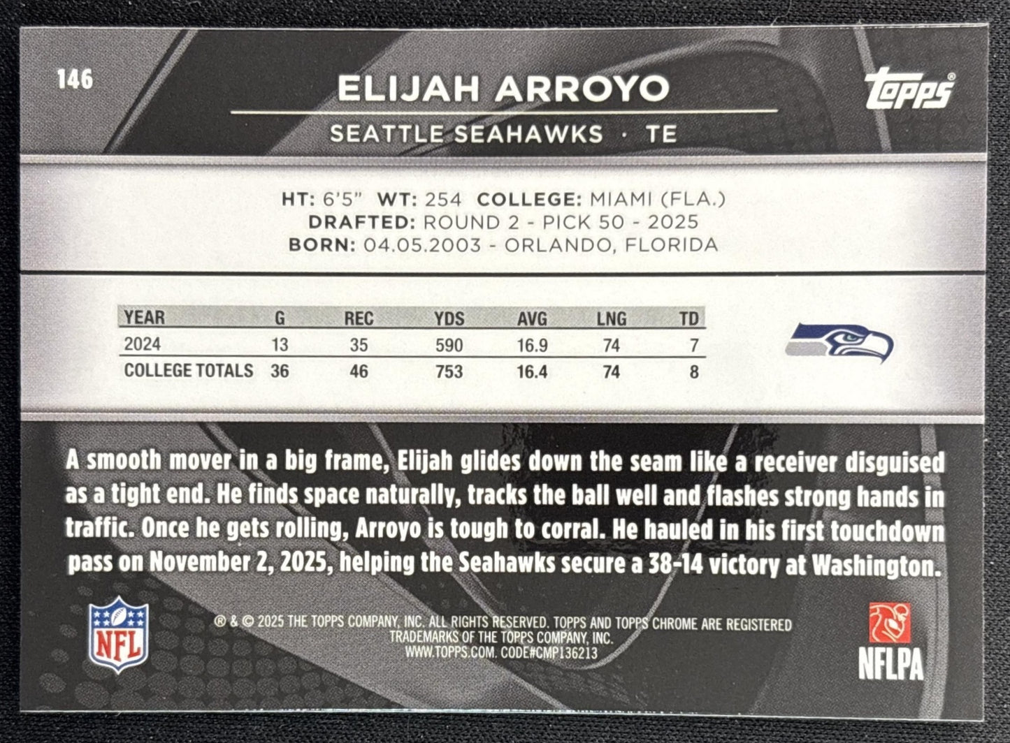 Elijah Arroyo 2025 Topps Chrome Black Seahawks back