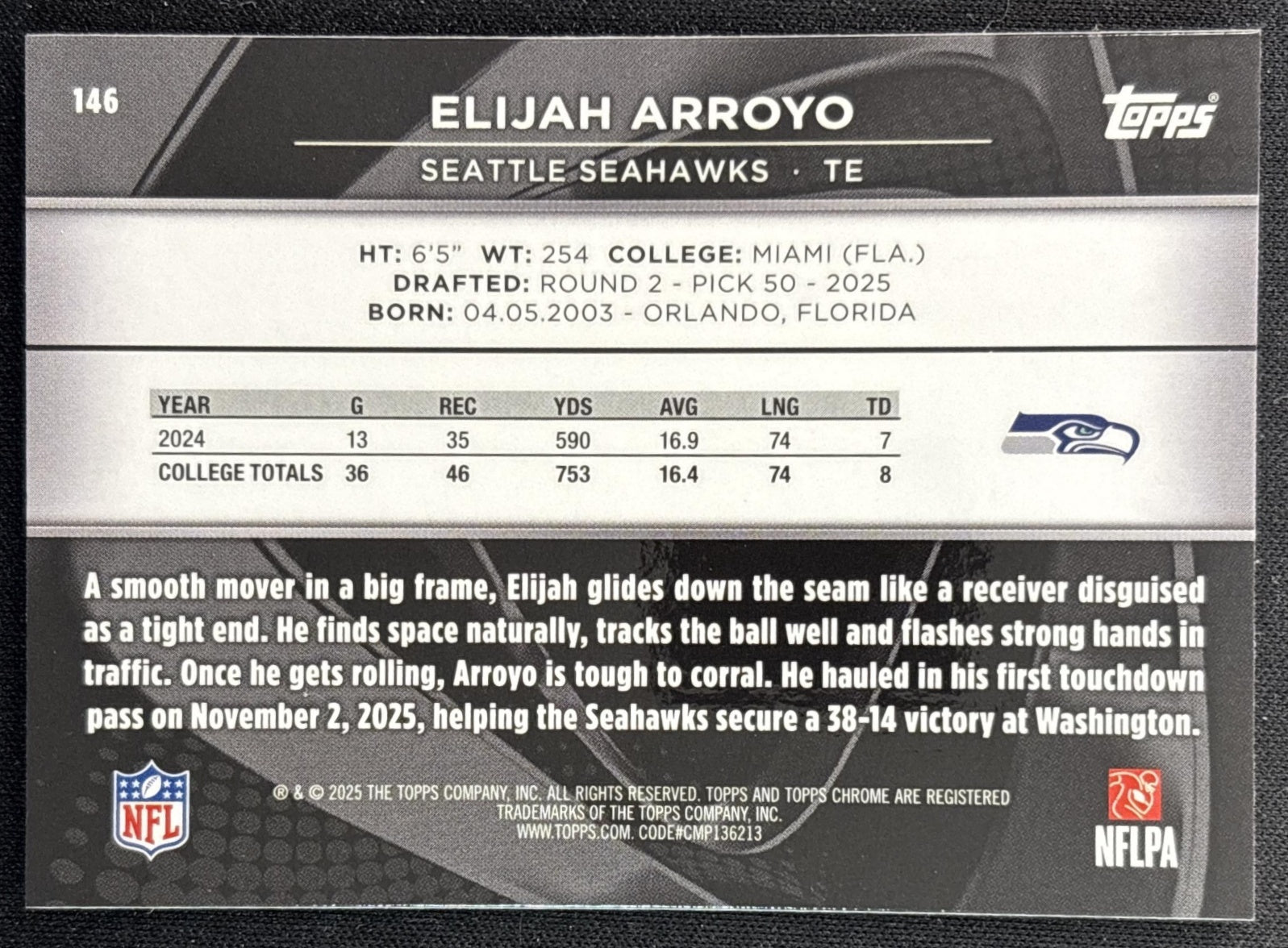 Elijah Arroyo 2025 Topps Chrome Black Seahawks back
