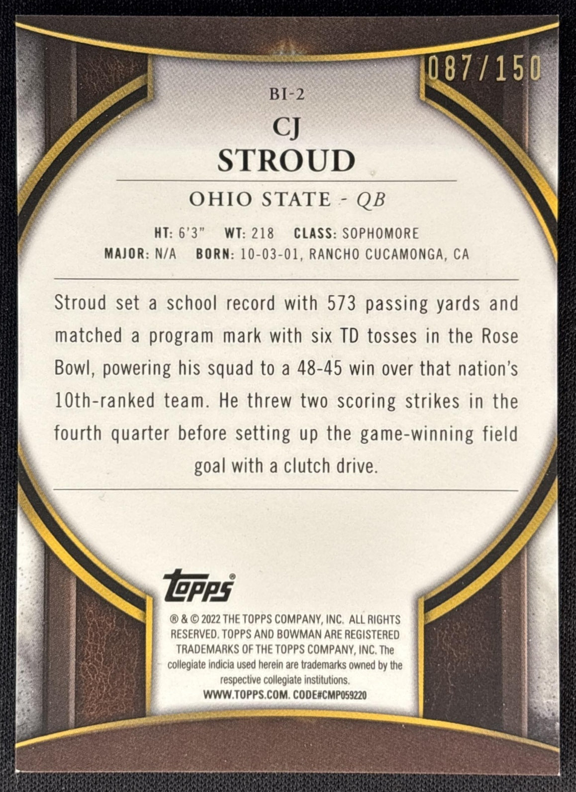 CJ Stroud 2022 Bowman University Chrome Invicta Lava Refractor /150 Buckeyes back